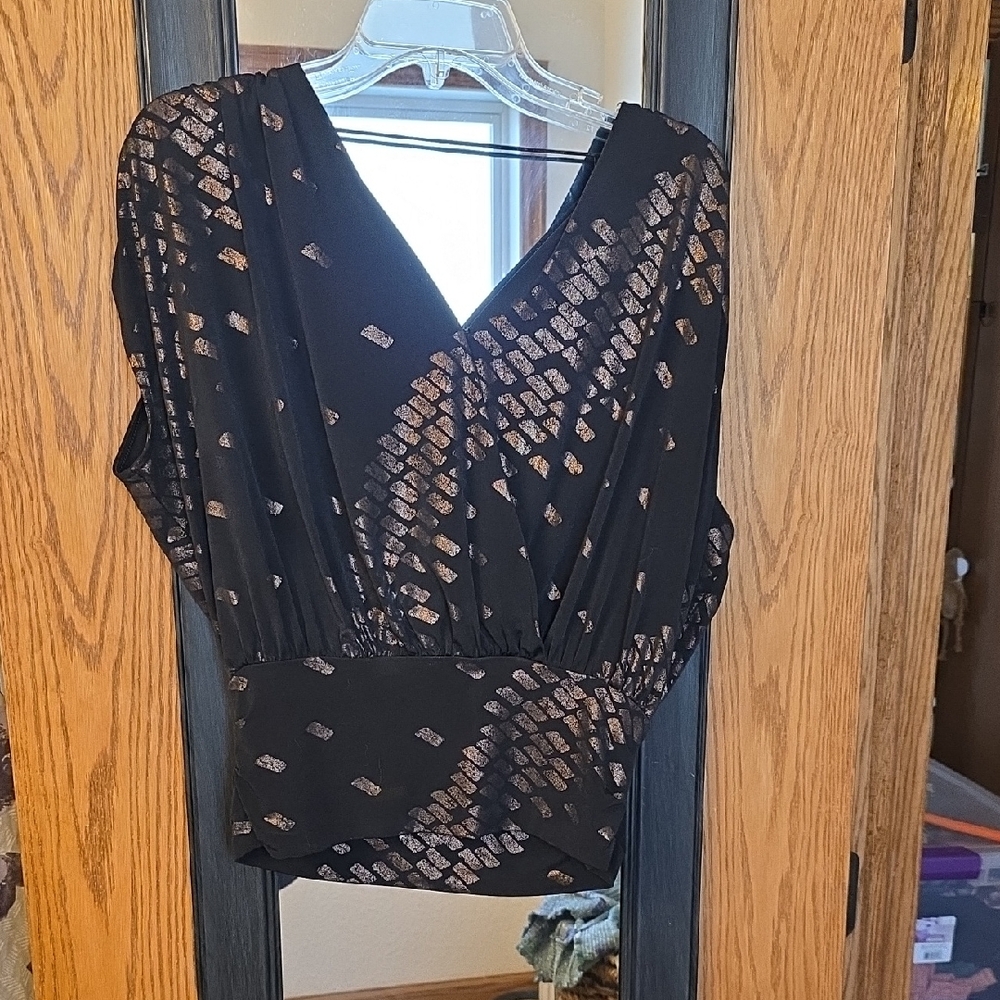 White House Black Market Black Blouse with Rose-Gold Print